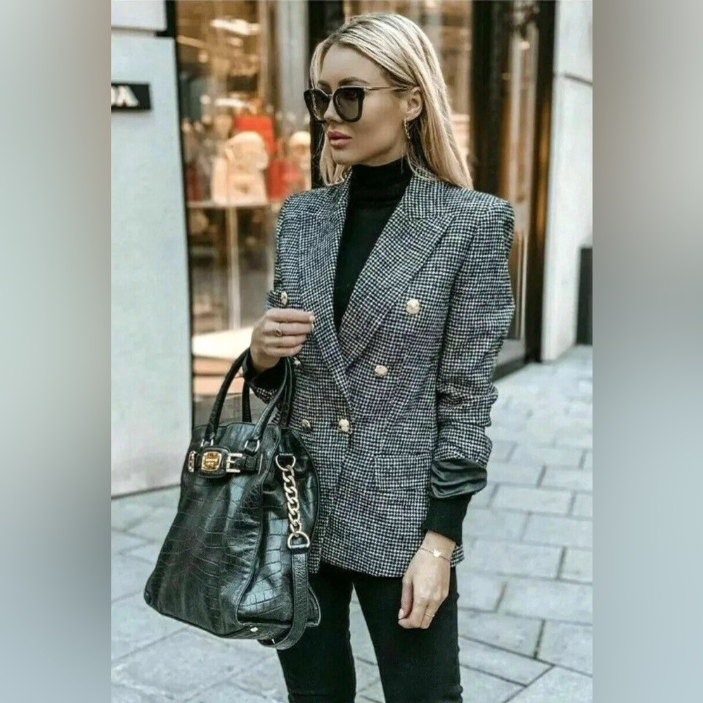 Zara Checked Double Breasted Gold Buttons Plaid Jacket